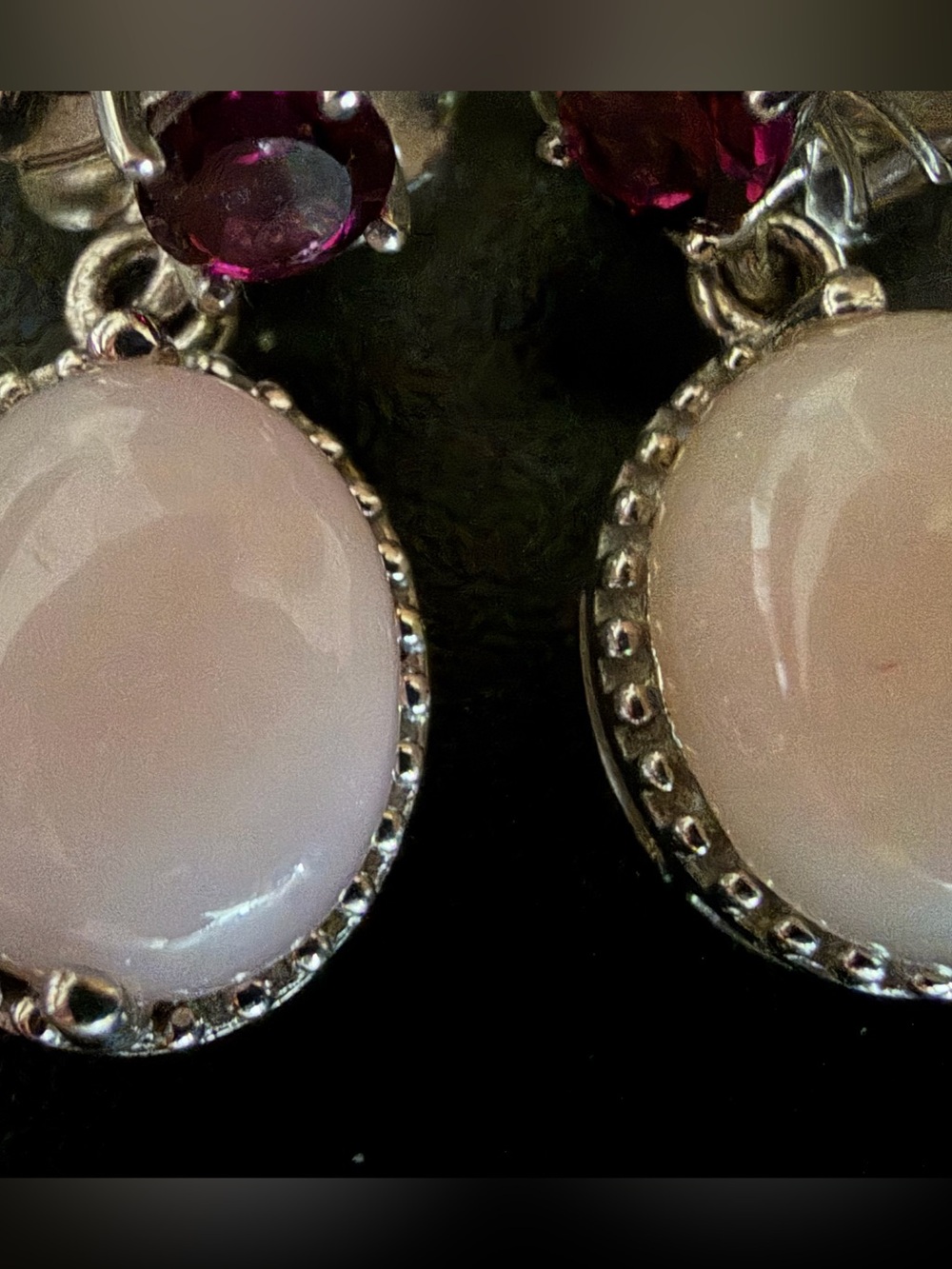 VINTAGE MLD TH 925 STERLING SILVER PINK OPAL & RHODOLITE GARNET DANGLE EARRINGS - Picture 5 of 12